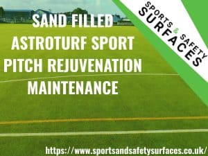 Background of Sand Filled Astroturf with green overlay. URL bottom right, sports and safety surfaces logo top right. Text "SAND FILLED ASTROTURF SPORT PITCH REJUVENATION MAINTENANCE".