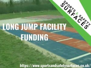 Background of Long Jump with green overlay. URL in bottom right and Sports and Safety Surfaces Logo top right. Text "Long Jump Facility Funding".