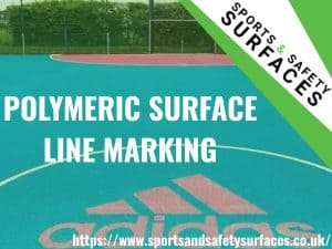 Background of Polymeric Surface with green overlay. URL in bottom right and Sports and Safety Surfaces Logo in top right. Text "Polymeric Surface Line Marking"