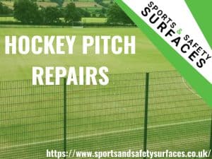 Background of Hockey Pitch being repaired and Green Overlay. Bottom right URL, Top right Sports and Safety Surfaces. Text "hockey pitch repairs"