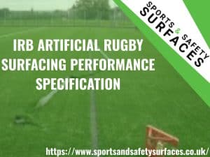 Background of Artificial Rugby Surface being inspected with green overlay. URL in bottom right and Sports and Safety Surfaces Logo in top right. Text "IRB ARTIFICIAL RUGBY SURFACING PERFORMANCE SPECIFICATION"