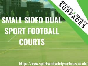Background of Small Sided Dual Sport Football court with green overlay. Bottom Right URL and Top right, sports and safety surfaces logo. Text "SMALL SIDED DUAL SPORT FOOTBALL COURTS".