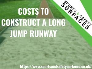 Background of Long Jump Runway pit with green overlay. Bottom right URL, top right sports and safety surfaces logo. Text "COSTS TO CONSTRUCT A LONG JUMP RUNWAY"
