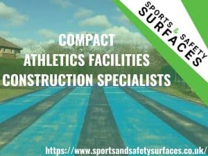 Background of Compact Athletics Facility with green overlay and URL of website. Sports and Safety Logo in top right with text "COMPACT ATHLETICS FACILITIES CONSTRUCTION SPECIALISTS".