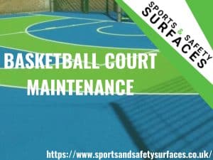 Background of maintained Basketball Court with green overlay. URL bottom right, Sports and Safety Surfaces logo top right. Text "Basketball Court Maintenance"