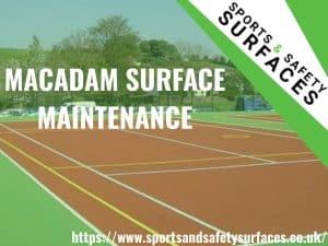 Background of macadam surface maintenance and green overlay. Bottom right URL, top right sports and safety surfaces logo. Text "Macadam Surface Maintenance" 