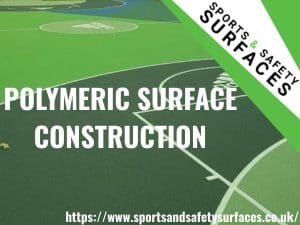 Background of Polymeric Surface with green overlay. Bottom right is URL, top right is Sports and Safety Surfaces Logo. Text "Polymeric Surface Construction"