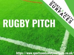 Background of Rugby Pitch with Green overlay. Bottom Right URL, Top right sports and safety Surfaces logo. Text "Rugby Pitch"