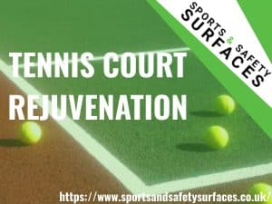 Background of Tennis Court with green overlay. Bottom right URL, Top Right sports and safety Surfaces logo. Text "Tennis Court Rejuvenation"