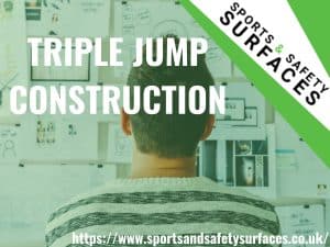 Background of man Constructing and planning for Triple Jump with green overlay. Bottom right URL, Top right sports and safety surfaces. Text "Triple Jump Construction"