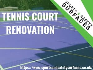 Background of tennis court being renovated with green overlay. Bottom right URL, Top right sports and safety surfaces logo. Text "tennis court renovation"